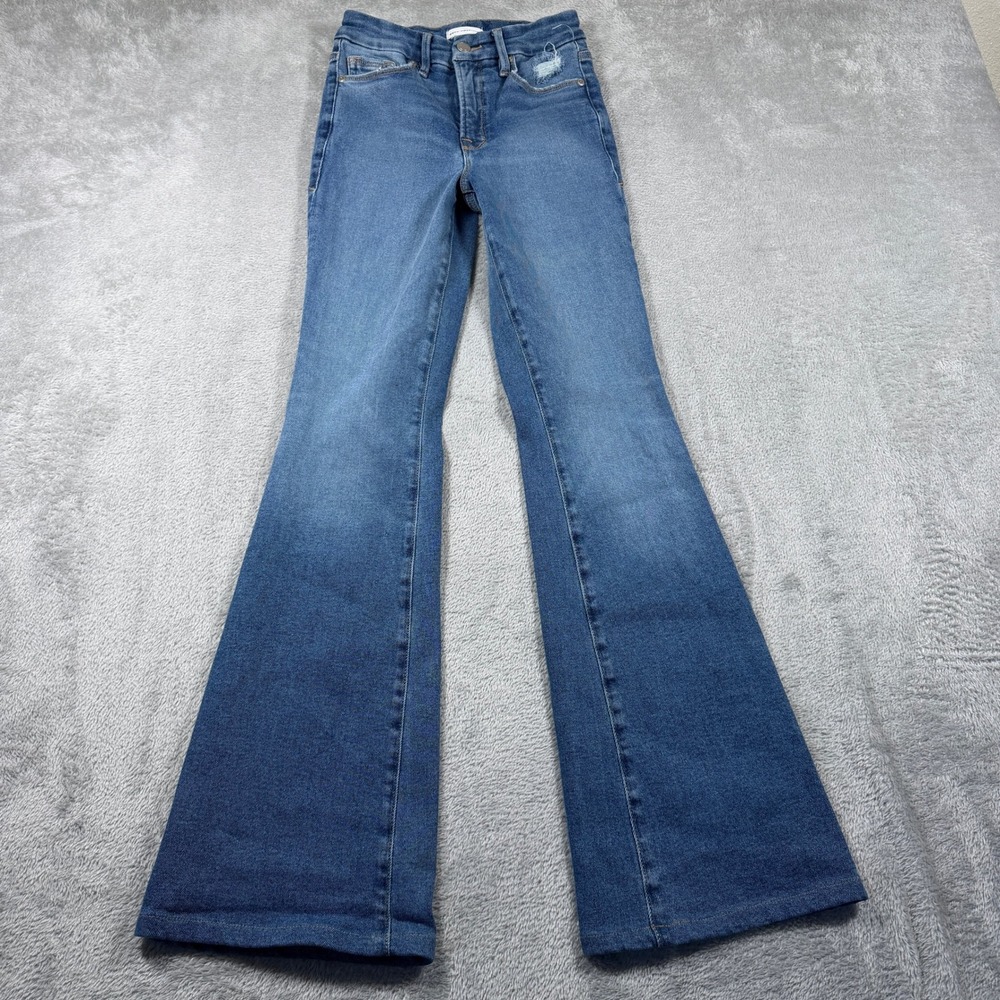Good American Good Legs Flare Jeans Women 0/25 Blue Mid Rise Distressed NWT